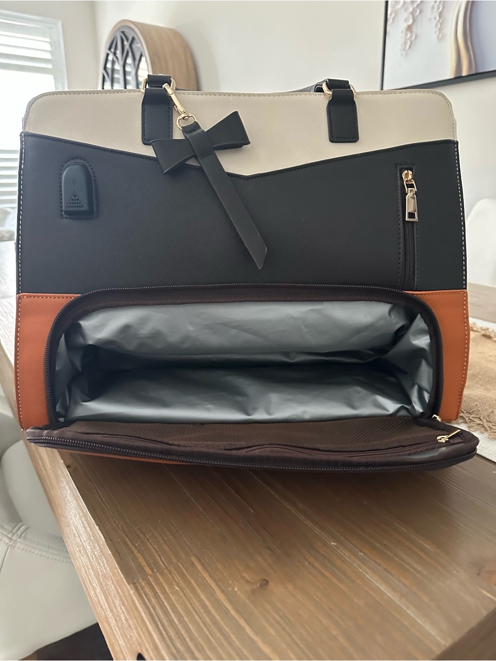 Three-Tone Structured Tote Bag - Black, Cream & Brown - Picture 2 of 5